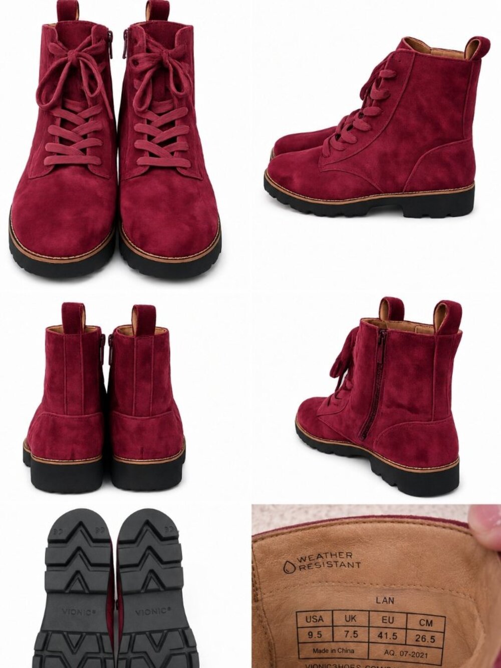 Vionic Burgundy Suede Ankle Boots Women's Size 10